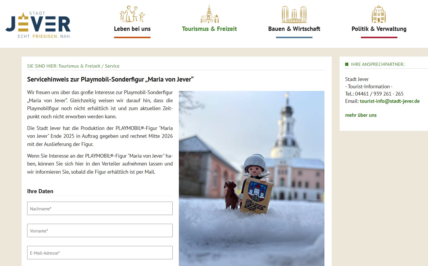 Servicehinweis der Stadt Jever. Bild: Screenshot 